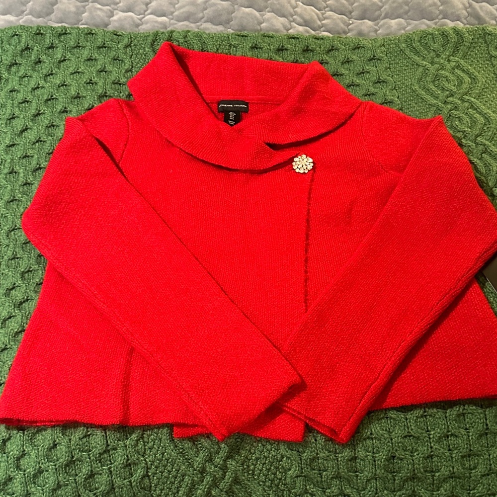 Adrienne Vittadini Red Knit Sweater with Rhinestone Brooch